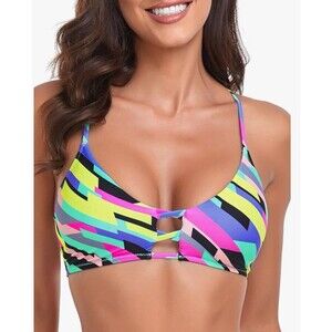 RELLECIGA Women's Strappy Bikini Top Neon Striped Large